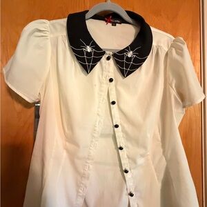 Hell Bunny White Blouse with Spiderwebs and Black Accents